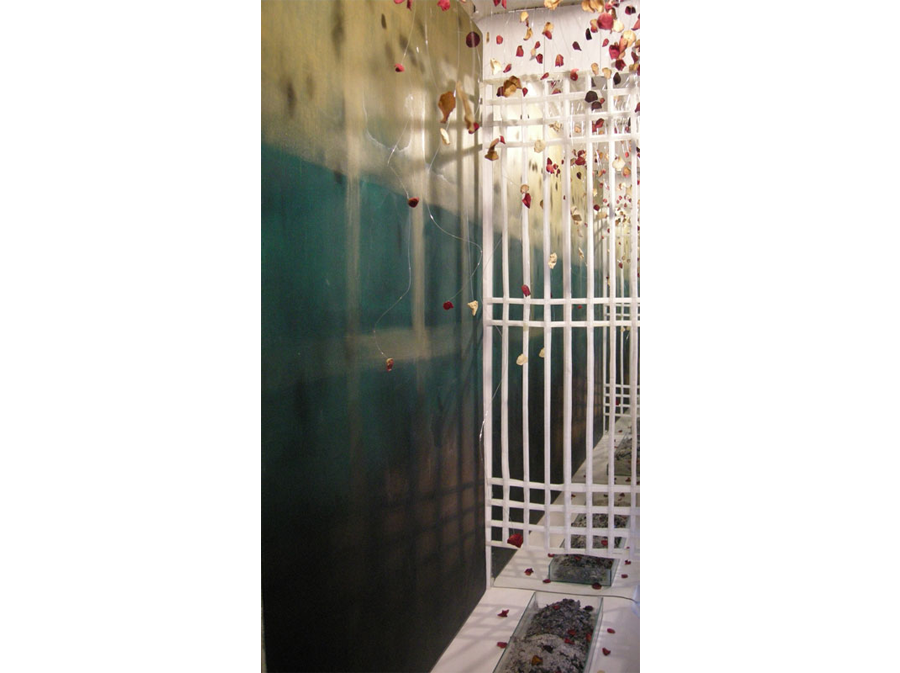 'Vive la Rose' 2012<br><br>Studio Experiments at Palace Wharf, London, Rose petals, painting, glass tray, mirror, transparent line & ash. 2m x 2m x 1m