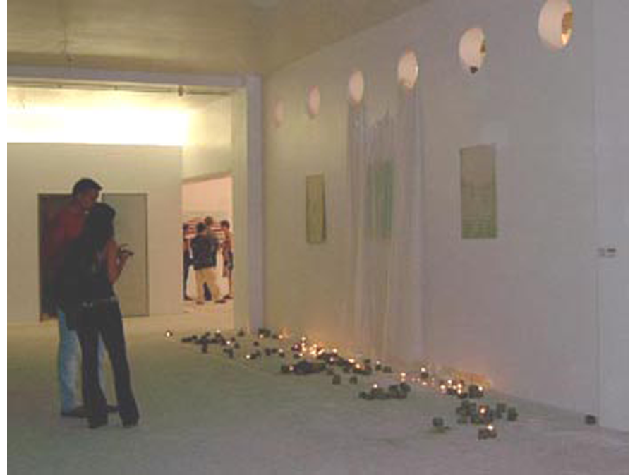 Bliss and Peace Berlin 2003<br><br>Backfabrik, Berlin, Site specific installation, cotton muslin, candles, stone, drawings