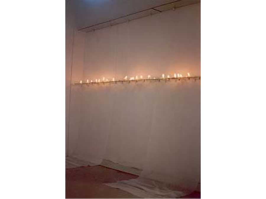 'Never Ending Story' 2000<br><br>Chelsea College of Art & Design, London,  Site specific installation, Glass tray, cotton muslin, candles