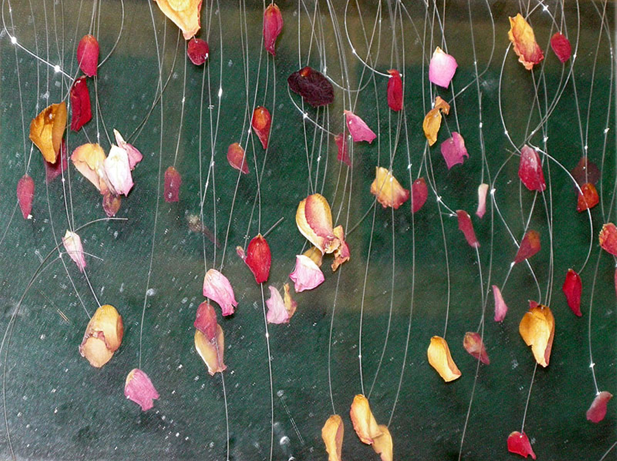 'Vive la Rose' - 2012<br><br>Studio Experiments at Palace Wharf, London, Rose petals, painting, glass tray, mirror, transparent line & ash. 2m x 2m x 1m