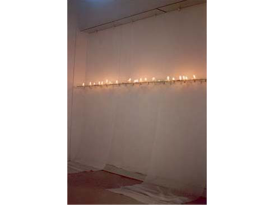 'Never Ending Story' - 2000<br><br>Chelsea College of Art & Design, London,  Site specific installation, Glass tray, cotton muslin, candles